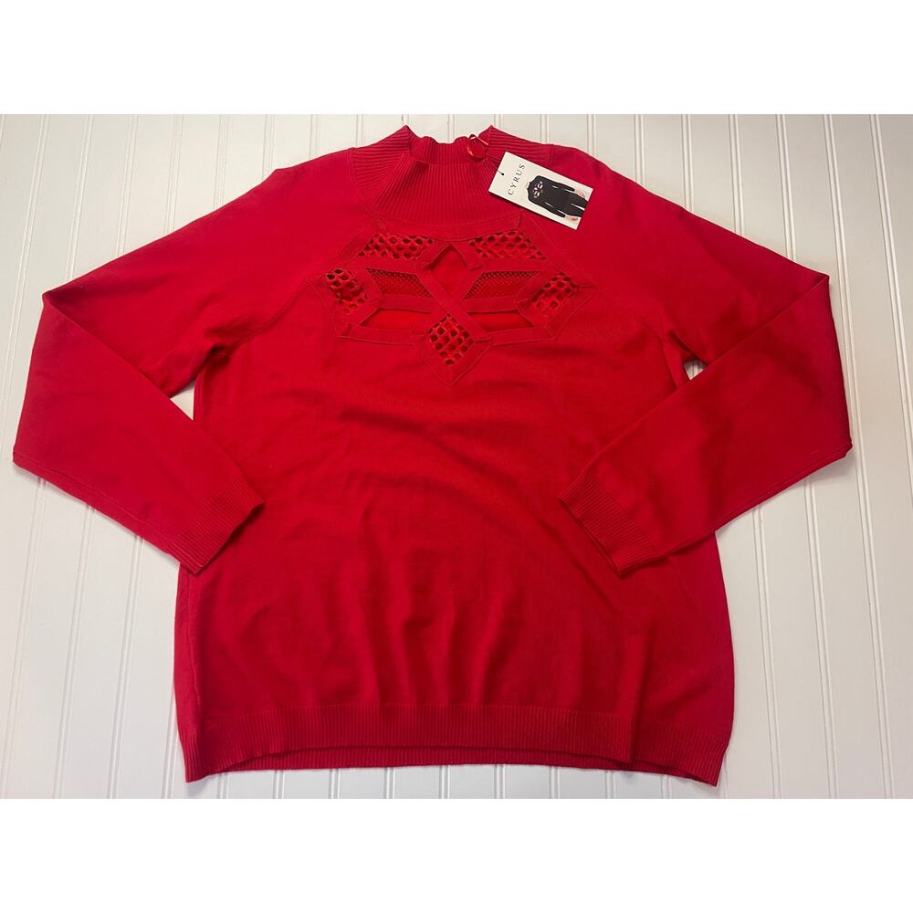 NWT‎ Cyrus Knits Bright Red Mock Neck Sweater Top Front Cutout Womens Large